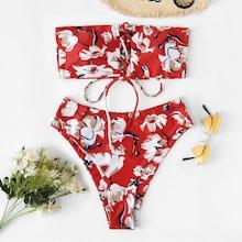 Romwe Flower Print Lace-up Bandeau With High Leg Bikini