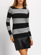 Romwe Black Striped Pu Leather Hem Dress