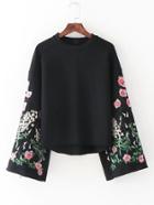 Romwe Bell Sleeve Flower Embroidery Sweatshirt