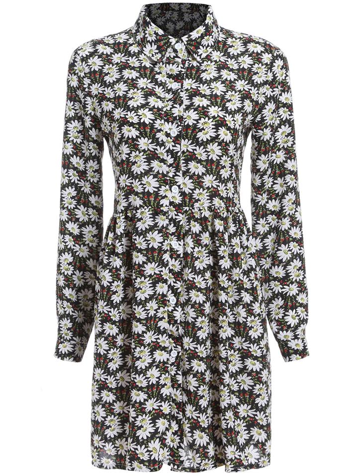 Romwe Lapel Long Sleeve Chrysanthemum Print Shirt Dress