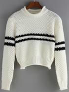 Romwe High Neck Striped White Sweater