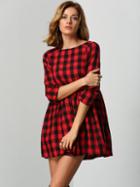 Romwe Red Black Round Neck Plaid Dress