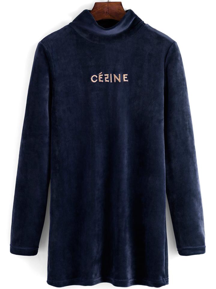 Romwe Turtleneck Letters Embroidered Navy Sweatshirt