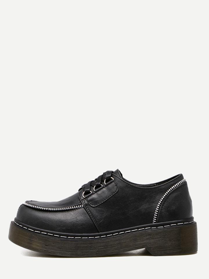 Romwe Black Pu Zipper Embellished Lace Up Shoes