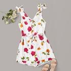 Romwe Floral Print Belted Knot Tank Romper