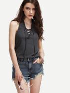 Romwe Grey Lace Up Ribbed Halter Neck Top