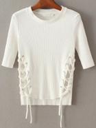 Romwe White Lace Up Dip Hem Ribbed Knit Sweater