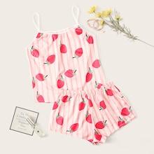 Romwe Strawberry Print Striped Satin Cami Pj Set