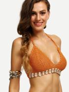 Romwe Orange Beaded Hollow Out Crochet Bikini Top
