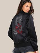 Romwe Dragon Embroidered Back Bomber Jacket