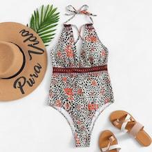 Romwe Cutout Knot Back Halter One Piece Swimsuit