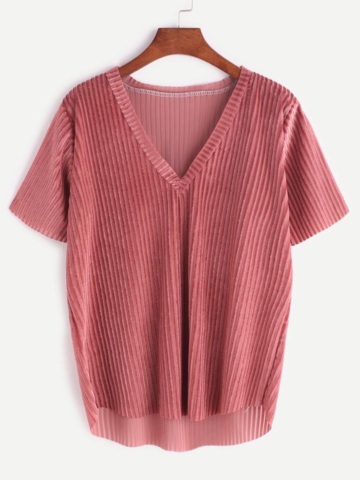 Romwe Pink V Neck Dip Hem Velvet T-shirt