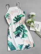 Romwe Leaf Print Bow Tie Open Back Cami Dress