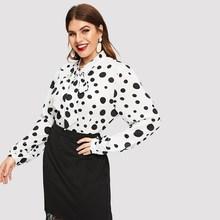 Romwe Plus Polka Dot Tie-neck Blouse