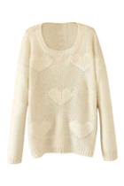 Romwe Romwe Heart Knitted Sheer White Jumper