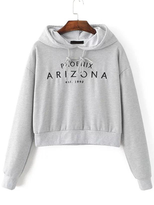 Romwe Grey Letter Embroidery Crop Hooded Sweatshirt