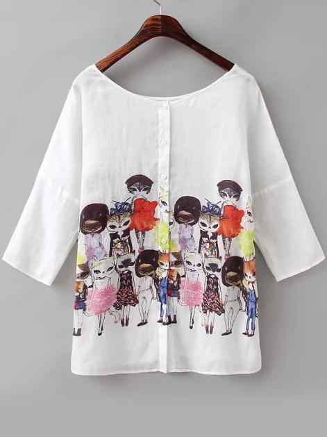 Romwe With Buttons Cat Print Top