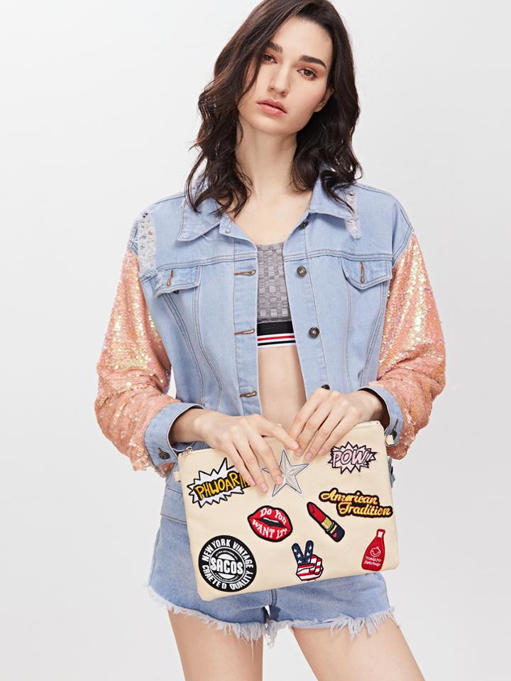 Romwe Beige Embroidered Patches Zip Closure Crossbody Bag