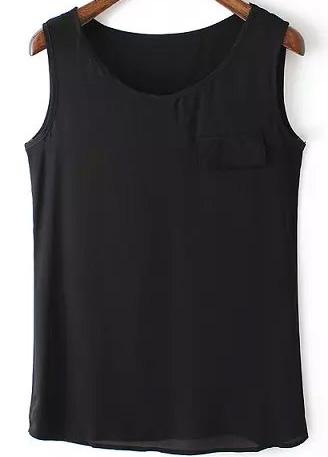 Romwe With Pocket Chiffon Black Tank Top