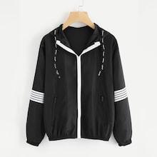 Romwe Plus Striped Detail Hooded Windbreaker Jacket