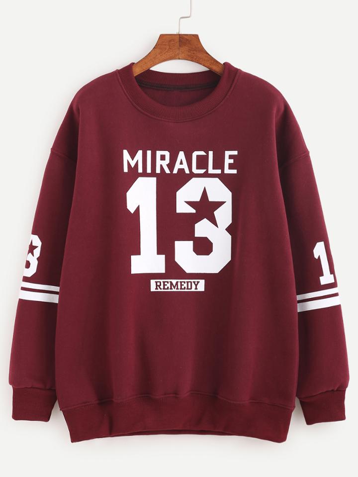 Romwe Burgundy Varsity Print Dropped Shoulder Seam Sweatshirt