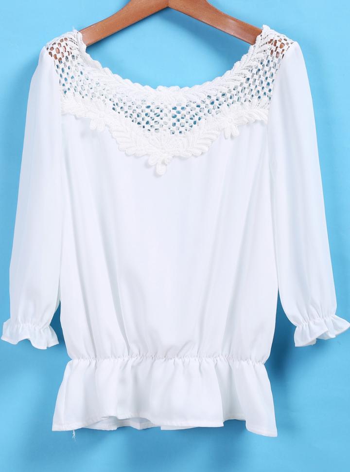Romwe Peplum Hem With Lace Crochet Hollow Blouse