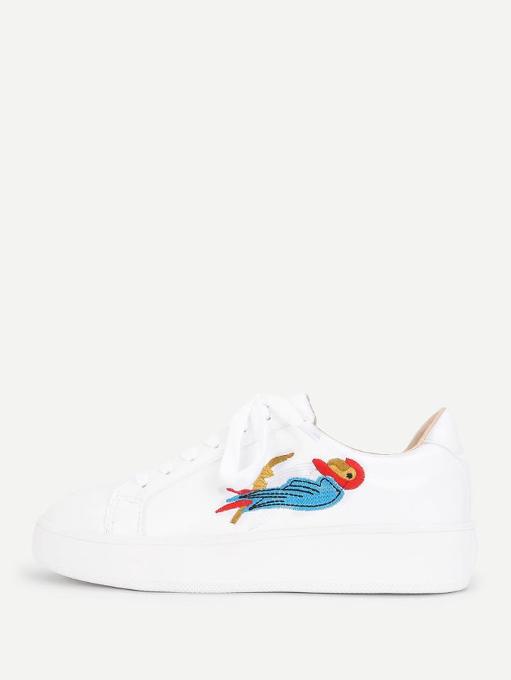 Romwe Bird Embroidery Lace Up Sneakers