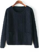 Romwe Diamond Patterned Pockets Navy Sweater