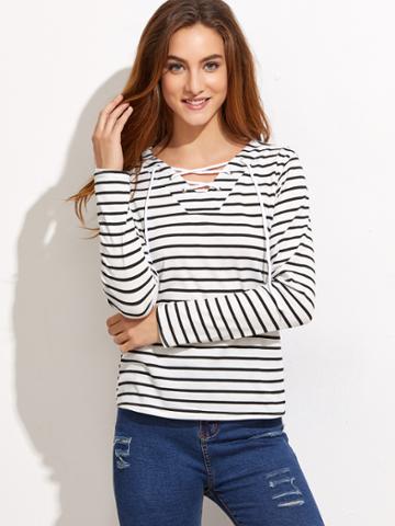 Romwe White Striped V Neck Lace Up T-shirt