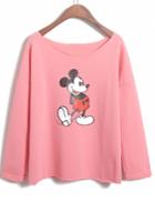 Romwe Mickey Print Loose Pink Sweatshirt