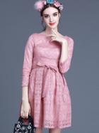 Romwe Pink Round Neck Length Sleeve Bow-tie Lace Dress