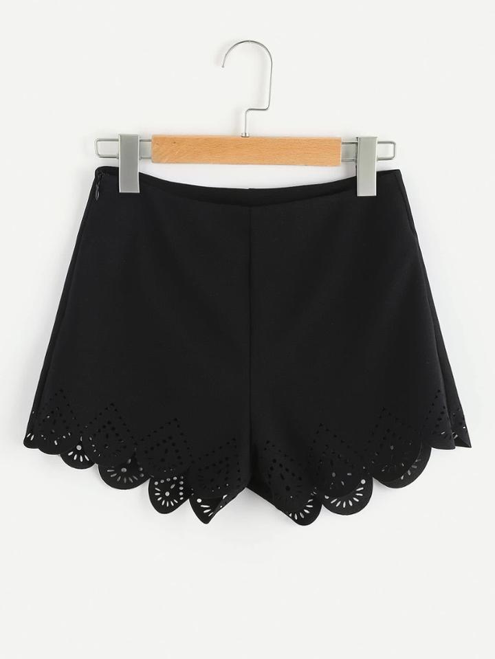 Romwe Zip Side Laser Cut Scallop Hem Tailored Shorts