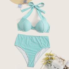 Romwe Gingham Underwire Top With High Waist Bikini Set