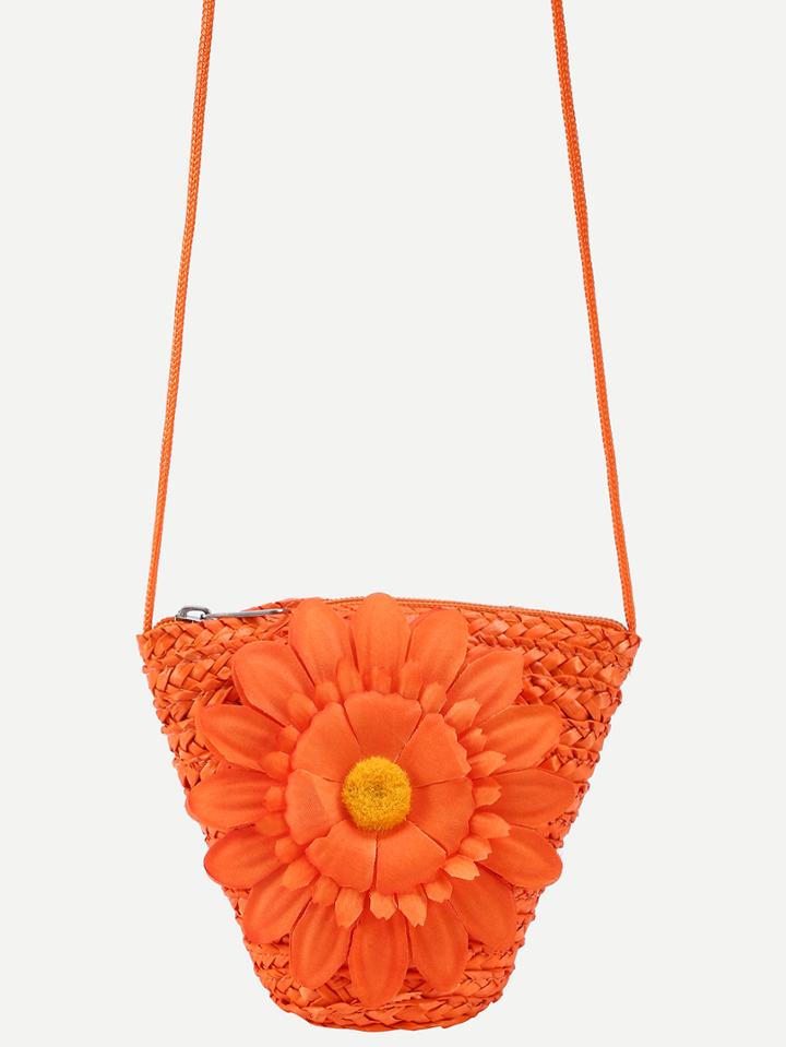 Romwe Orange Flower Embellished Straw Crossbody Bag