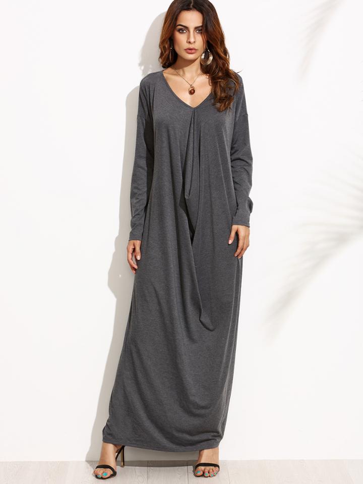 Romwe Heather Grey Drop Shoulder Draped Cocoon Dress