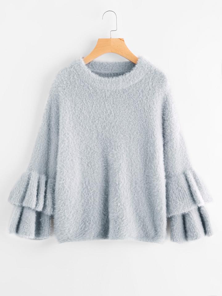 Romwe Layered Trumpet Sleeve Fluffy Jumper