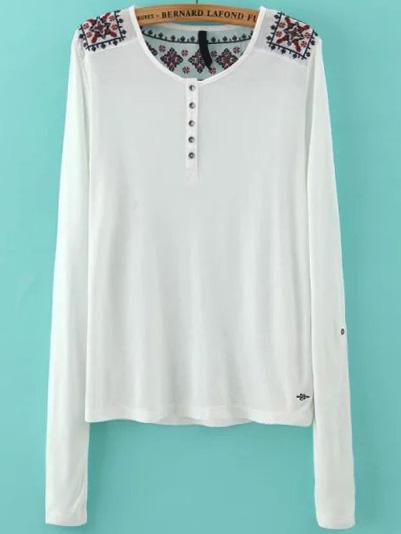 Romwe Long Sleeve Embroidered T-shirt With Buttons