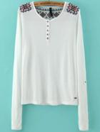 Romwe Long Sleeve Embroidered T-shirt With Buttons