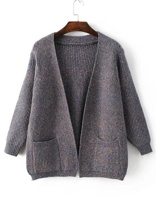 Romwe Grey Marled Knit Cardigan With Pockets