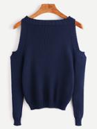 Romwe Navy Open Shoulder Long Sleeve Sweater