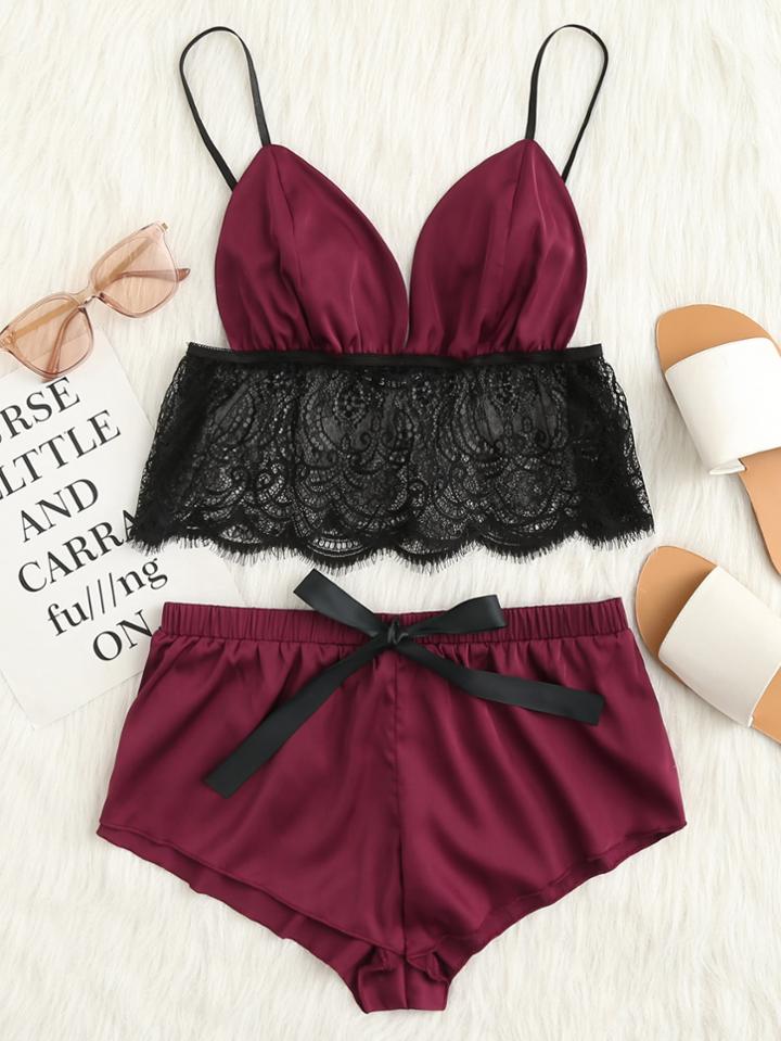 Romwe Contrast Lace Hem Satin Cami Top And Shorts Pj Set