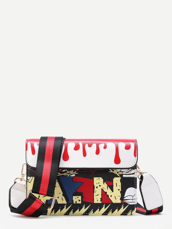 Romwe Graffiti Print Flap Shoulder Bag With Striped Strap