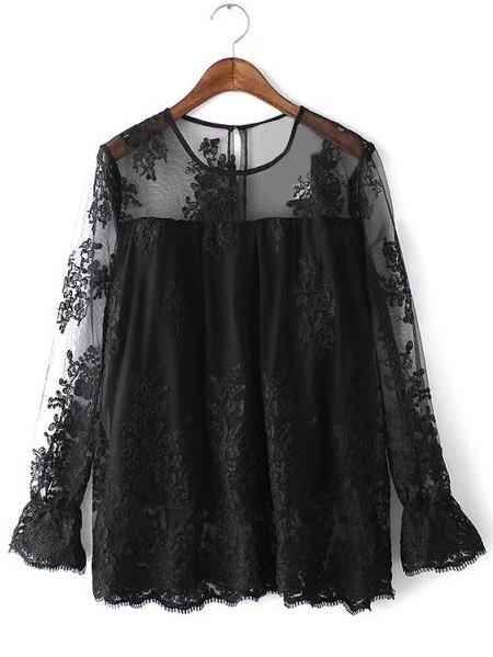 Romwe Black Long Sleeve Keyhole Back Embroidery Lace Blouse