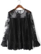 Romwe Black Long Sleeve Keyhole Back Embroidery Lace Blouse