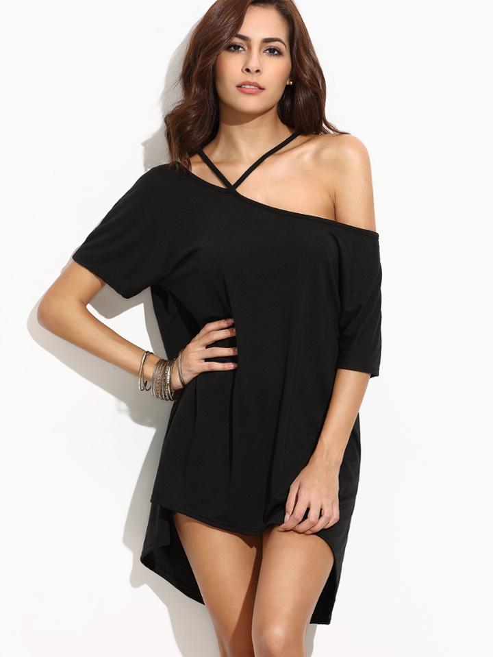 Romwe Black Asymmetric Cold Shoulder High Low Dress
