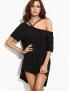 Romwe Black Asymmetric Cold Shoulder High Low Dress