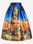 Romwe Blue Dome Architecture Print Box Pleated Skirt