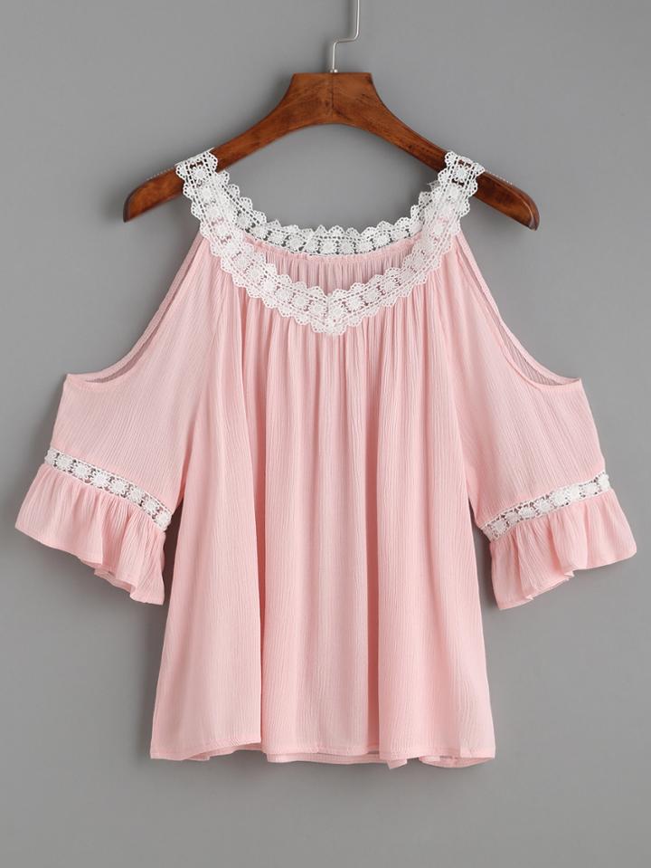 Romwe Pink Cold Shoulder Lace Trim Top