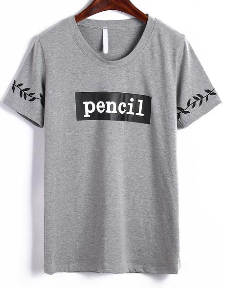 Romwe Pencil Leaves Print Grey T-shirt