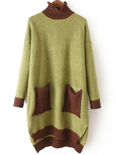 Romwe Ruffle Collar Dip Hem Split Side Contrast Pockets Green Sweater Dress